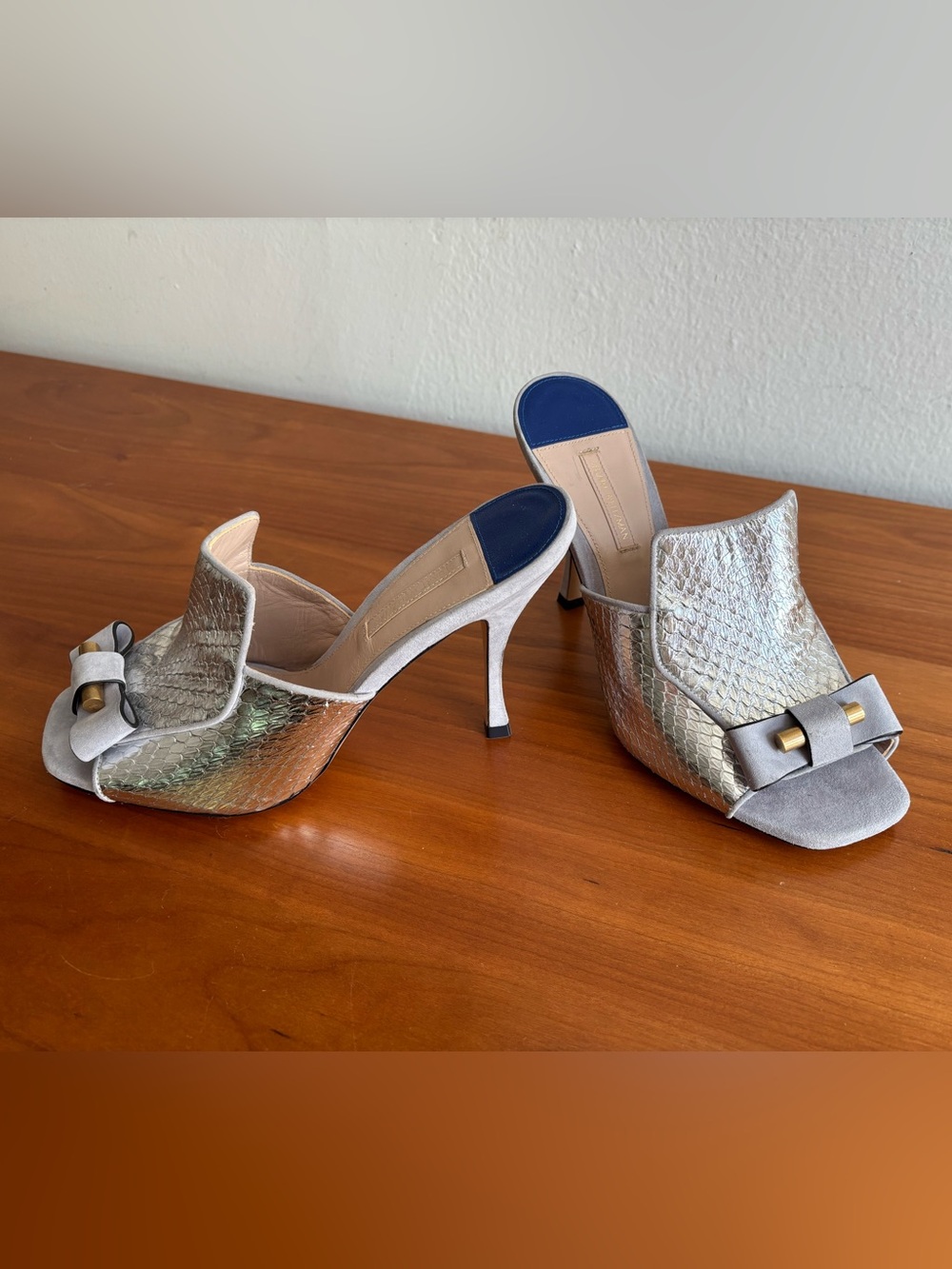 NWOT Stuart Weitzman Vintage silver python-embossed mules